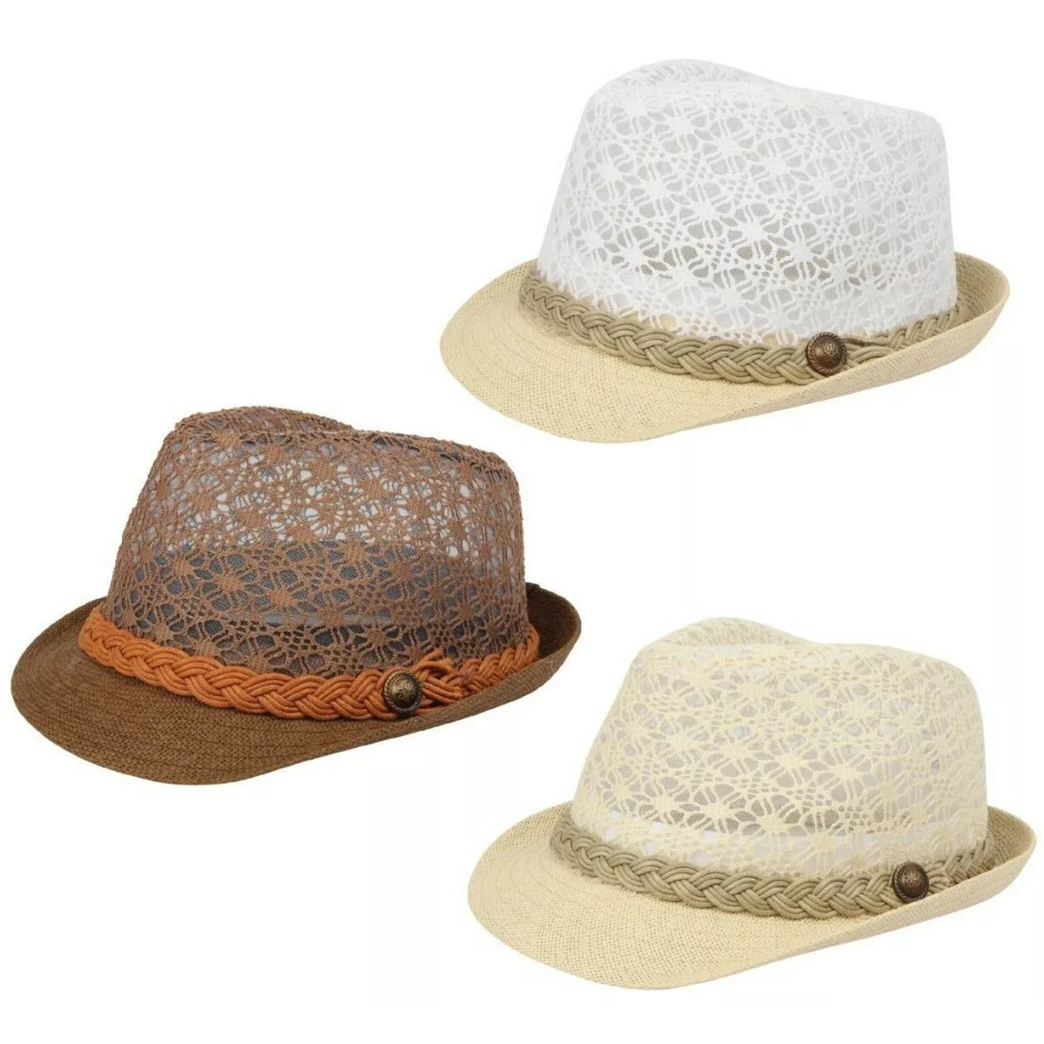 Ladies lace effect trilby sun hat in white, cream or brown with woven braid band and button detail